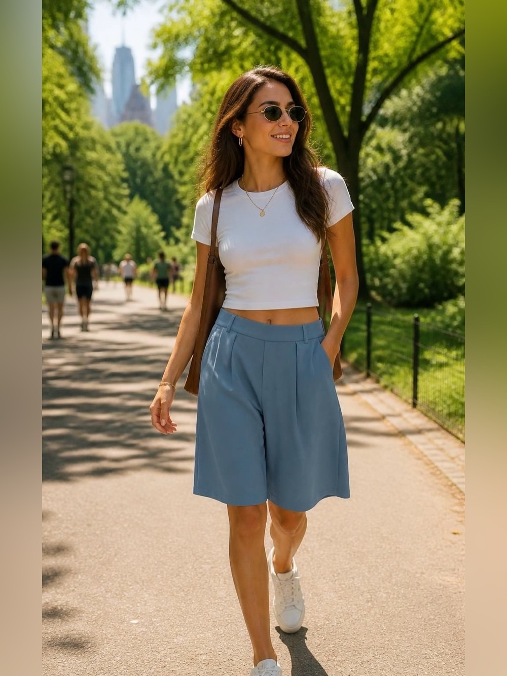 HALARA Slate Blue High-Waist Pleated Bermudas